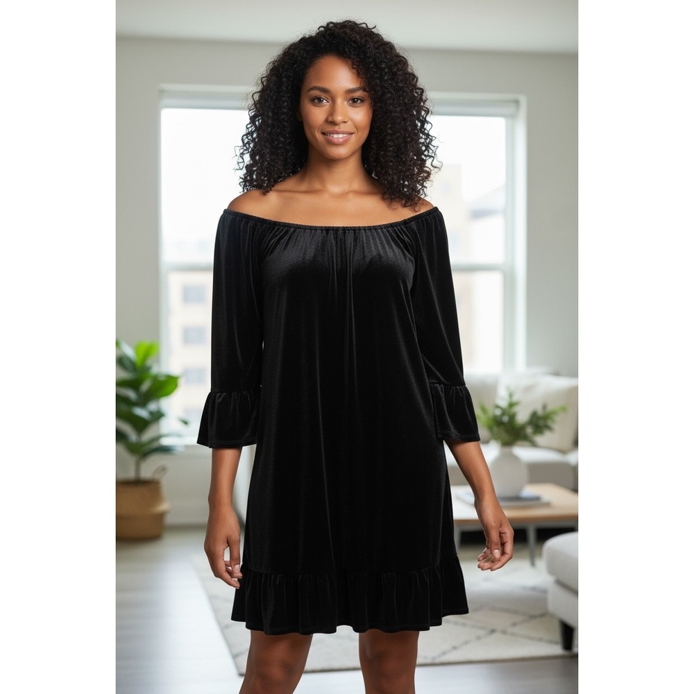 Fever Black Velvet Dress Off Shoulder Ruffle Bell Sleeve Party Cocktail Med NEW
